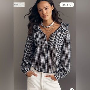 Pilcro/Anthropologie The Remy Ruffle Collar Buttondown Shirt in Blue Plaid M NWT